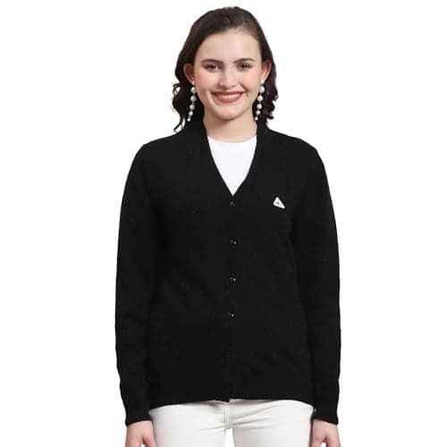 Monte Carlo Womens Solid Black V Neck Full Sleeve Cardigan (1240739VN-168-36)