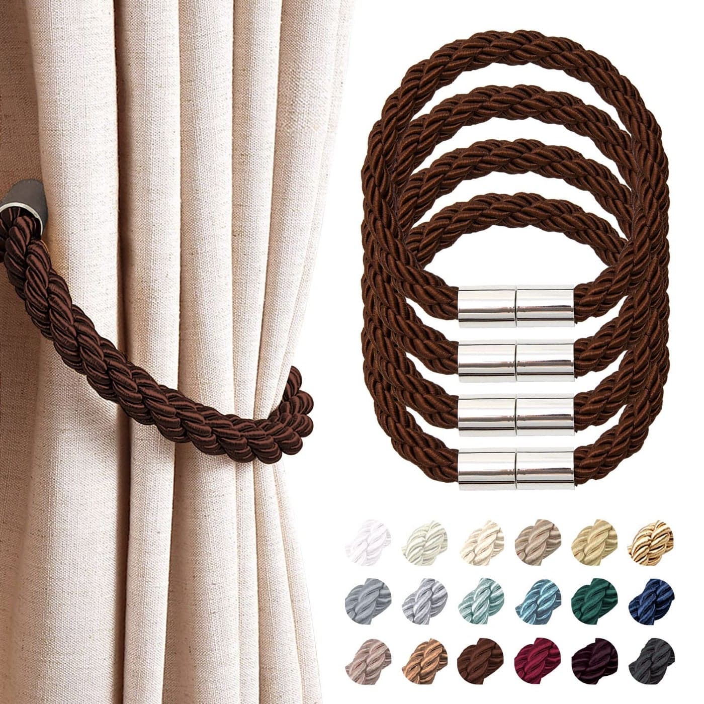 NICEEC 4 Pack Strong Magnetic Curtain Tiebacks Modern Simple Style Drape Tie Backs Convenient Decorative Weave Rope Curtain Holdbacks for Thin or Thick Home Office Window Draperies Deep Coffee