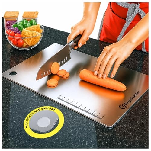 OrganizeMee Large Chopping Board Stainless Steel Metal Cutting Kitchen,Heavy Duty Choping-Board Vegetable, Meats vegitable Chopper Boards,Safe Durable with Anti-Skid Silicon Pad (Large)(36CM X 25CM)