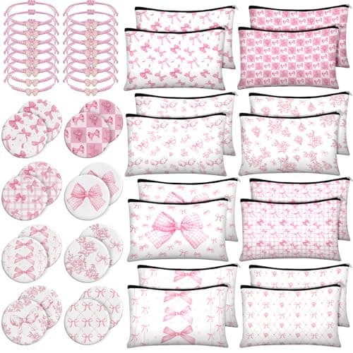 16 Set Pink Coquette Bow Party Favors for Women Bow Canvas Makeup Bags Mini Compact Mirrors Woven Bracelets Bulk Pink Floral Cosmetic Bags for Guests Bridesmaids Wedding Bachelorette Party Supplies