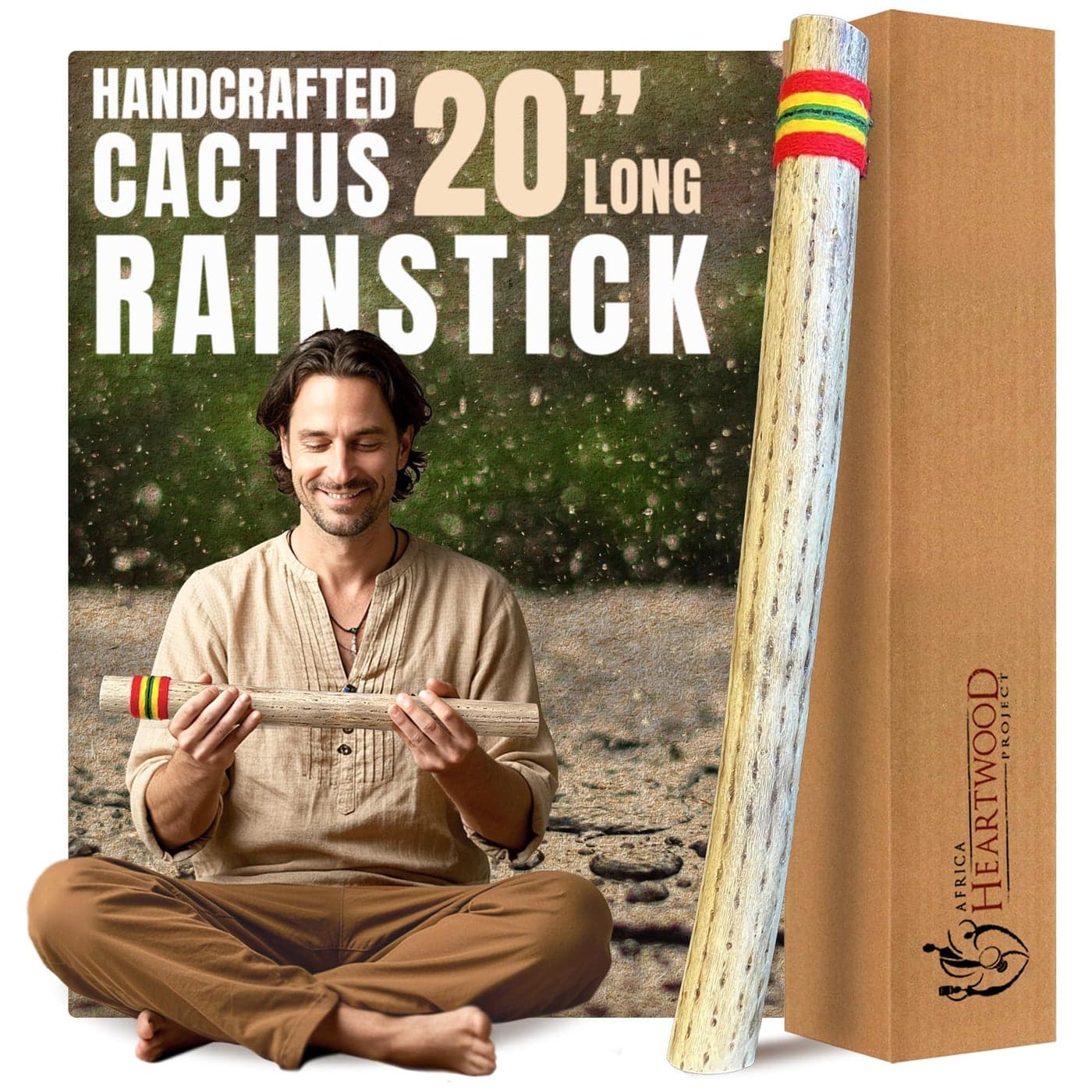 Africa Heartwood Project 20 Cactus Rainstick from Chile Authentic Handcrafted Rain Stick Musical Instrument with Rasta Yarn Wrap and Durable Sealant