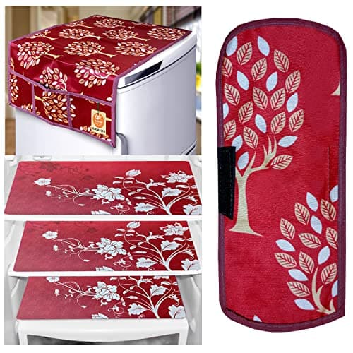 KANUSHI Industries® 1Pc Fridge Cover for Top with 6 Utility Pockets (Maroon Color) + 1 Handles Covers + 3 Fridge Mats(FRI-MAROON-TREE-COMBO-M-25)
