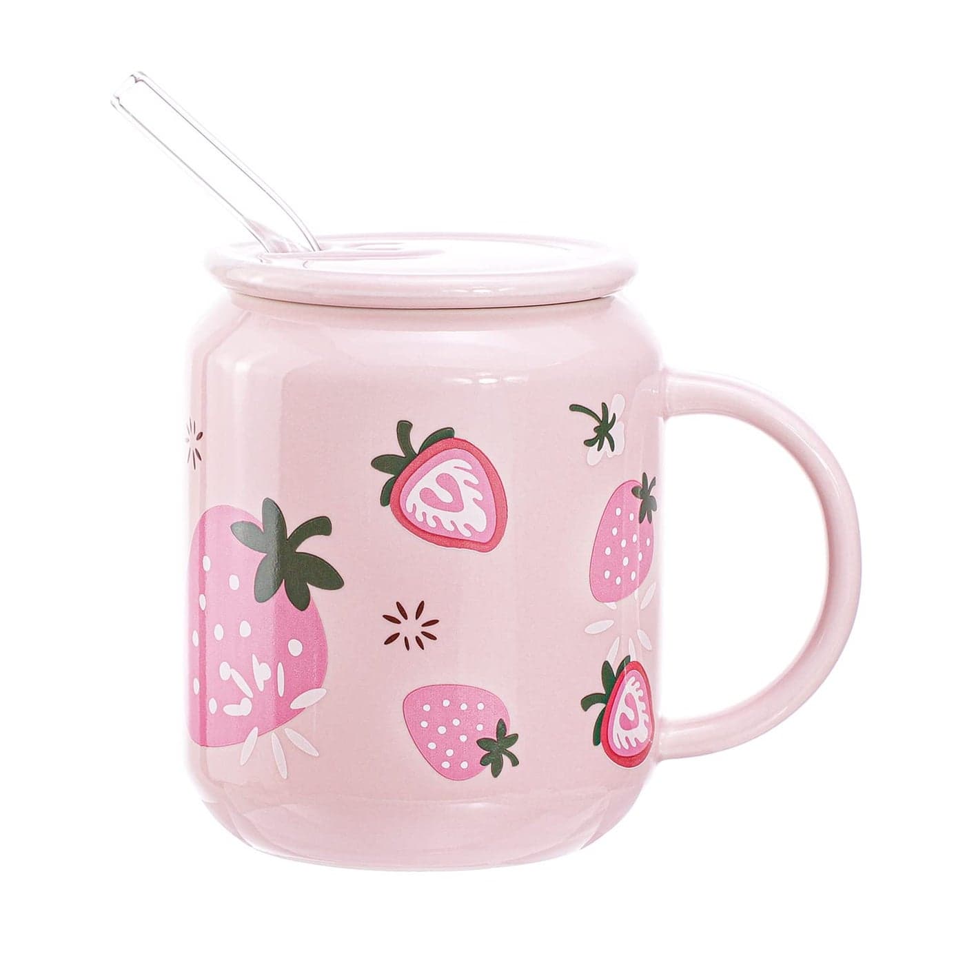 Sizikato Porcelain Mug with Lid and Straw 13 Oz Water Cup with Handle Cute Strawberry Pattern