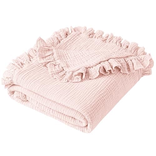 Konssy Flounce Muslin Baby Blanket for Girls Boys, 100% Cotton Soft Crib Swaddle Blankets, Reversible & Breathable Nursery Bedding for Newborns Toddlers, 40 x 36 Inches (Baby Pink)