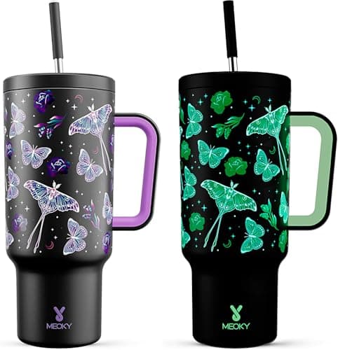 Meoky 40 oz Glow in the Dark Tumbler with Handle and Straw, Tumbler with Lid and Straw, Insulated Stainless Steel Travel Mug, 100% Leak-proof, Keeps Cold for 34 Hours (Butterfly)