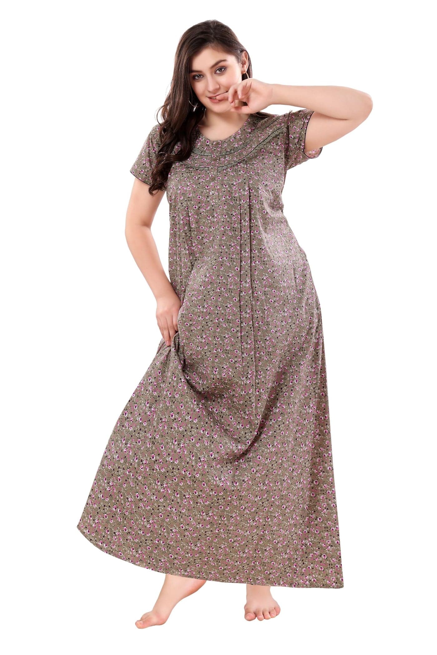 Soulemo Women Cotton Floor Length Brown Nighty (2XL - Bust 52, Mehndi 100) 1633KXXL