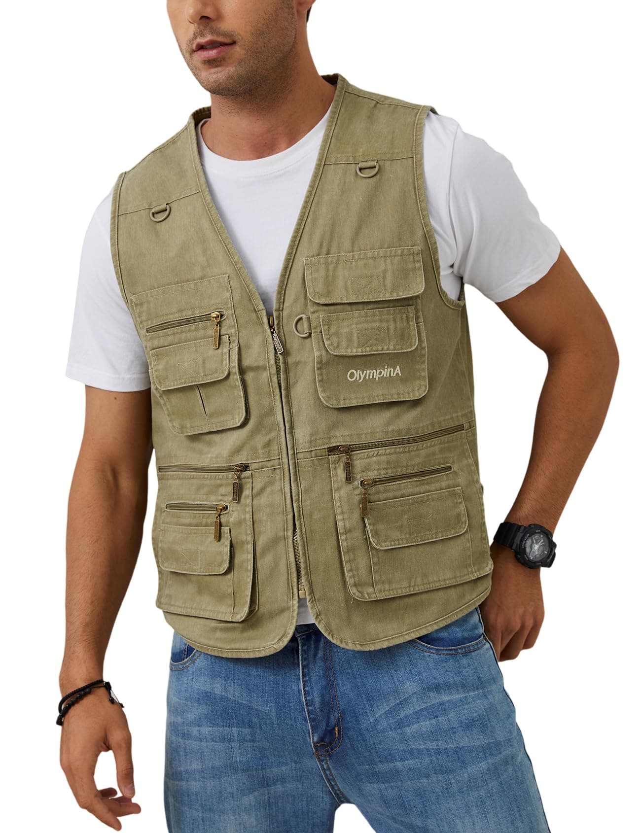 Gihuo Men's Fishing Vest Casual Utility Travel Safari Cargo Outdoor Work Photo Fly Vest Jacket with Multi Pockets (M, Beige)