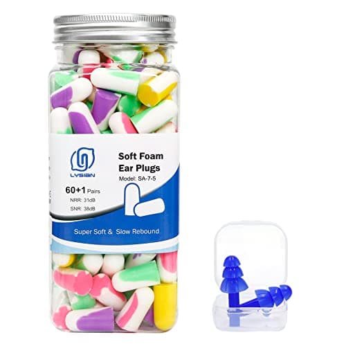 LYSIAN Ultra Soft Foam Earplugs for Sleep, 38dB Noise Cancellation Ear Plugs & Sound Reduction for Sleeping, Snoring, Shooting, Mowing - 60 Pairs Multi-Color
