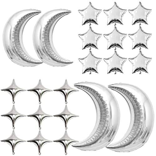 54Pcs Star Foil Balloons Moon Foil Mylar Balloons with 50Pcs Silver Star Balloons and 4Pcs Large Moon Foil Balloons for Baby Shower Christmas Anniversary Engagement Wedding Birthday Party Decoration