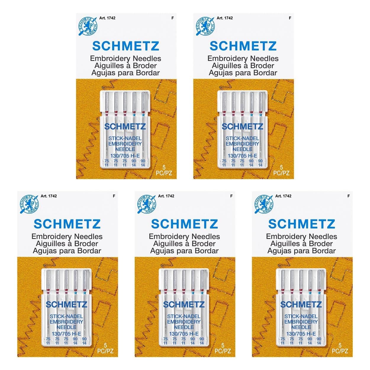 SCHMETZ Embroidery Sewing Machine Needles Precision Needles Assorted Sizes 5 Needle Cards Pack of 5