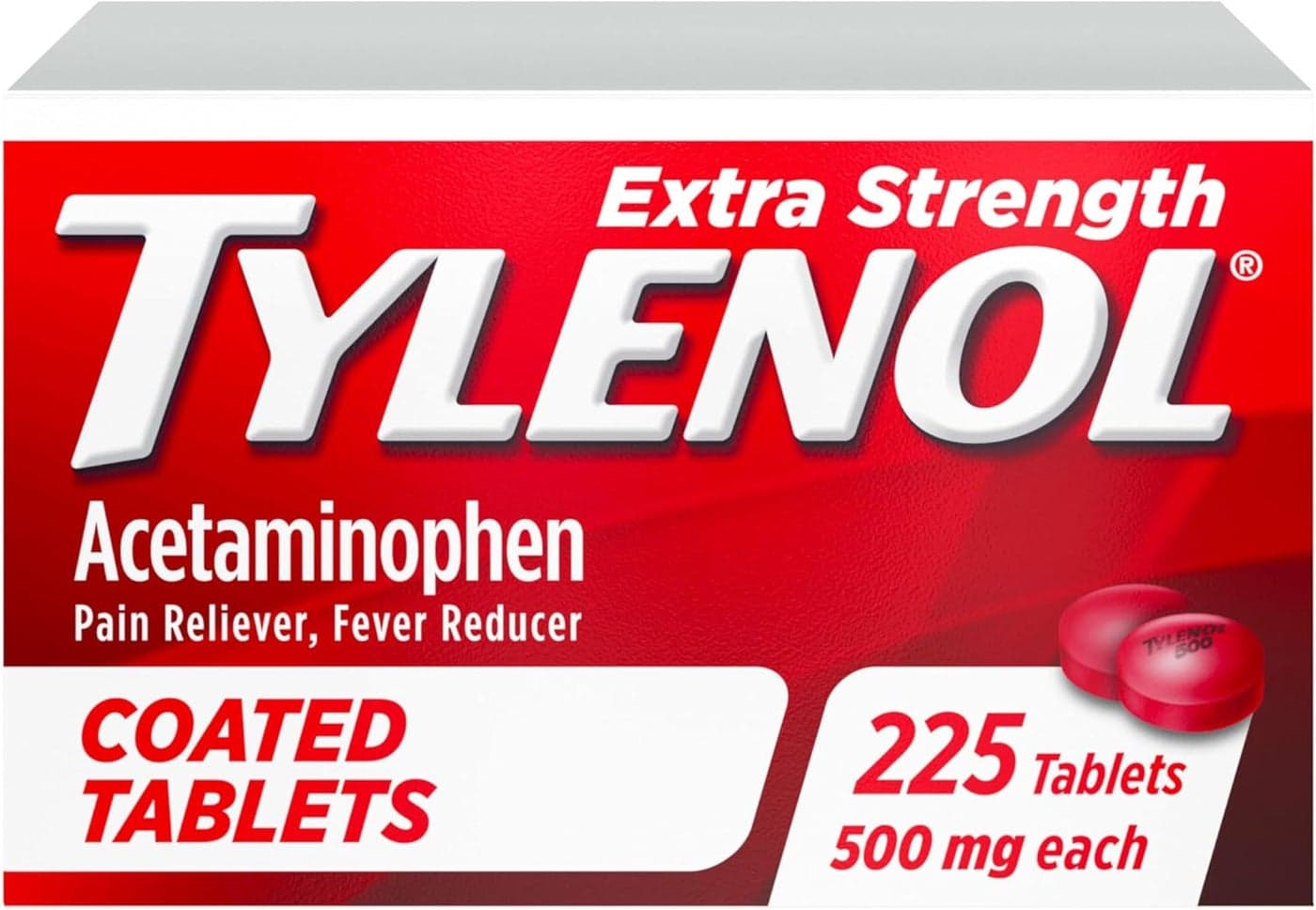 Tylenol Extra Strength Pain Reliever & Fever Reducer, Round Coated Tablets, 500 mg Acetaminophen Pain Relief Pills for Headache, Toothache & Minor Arthritis Pain, 225 ct