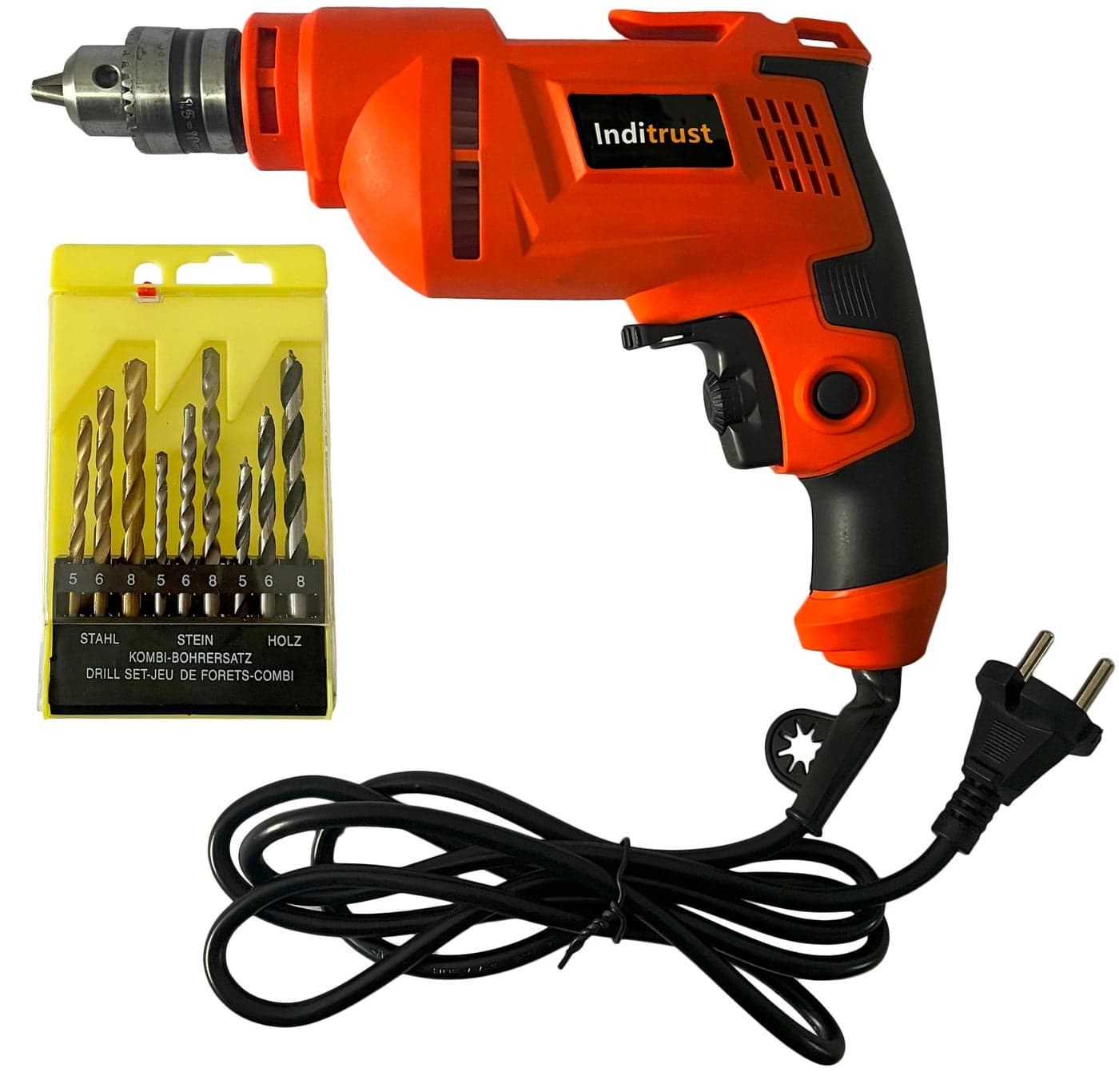 Inditrust All New 500W 10mm drill machine 6 Month warranty, 100% Copper Winding Forward/Reverse for Wood & Metal Work with Variable Speed Control with 9pc Drill bit set (ORANGE)