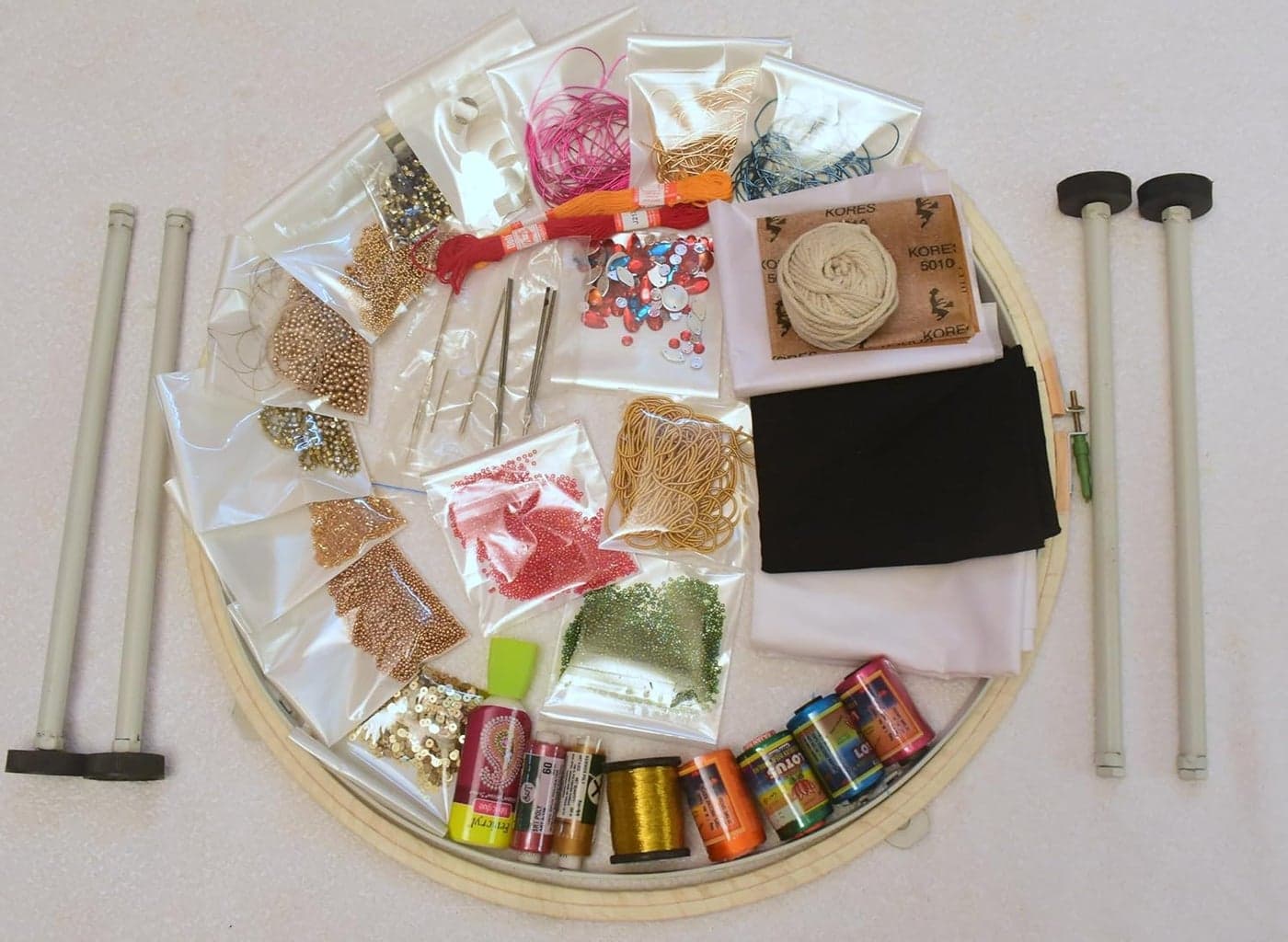 Prabhas Designs Aari Work Beginners Kit Material - Heavy 18 Inch Aari Stand with Wrapped Frame and 35 Items to Learn Basic and Advance Level Aari Embroidery