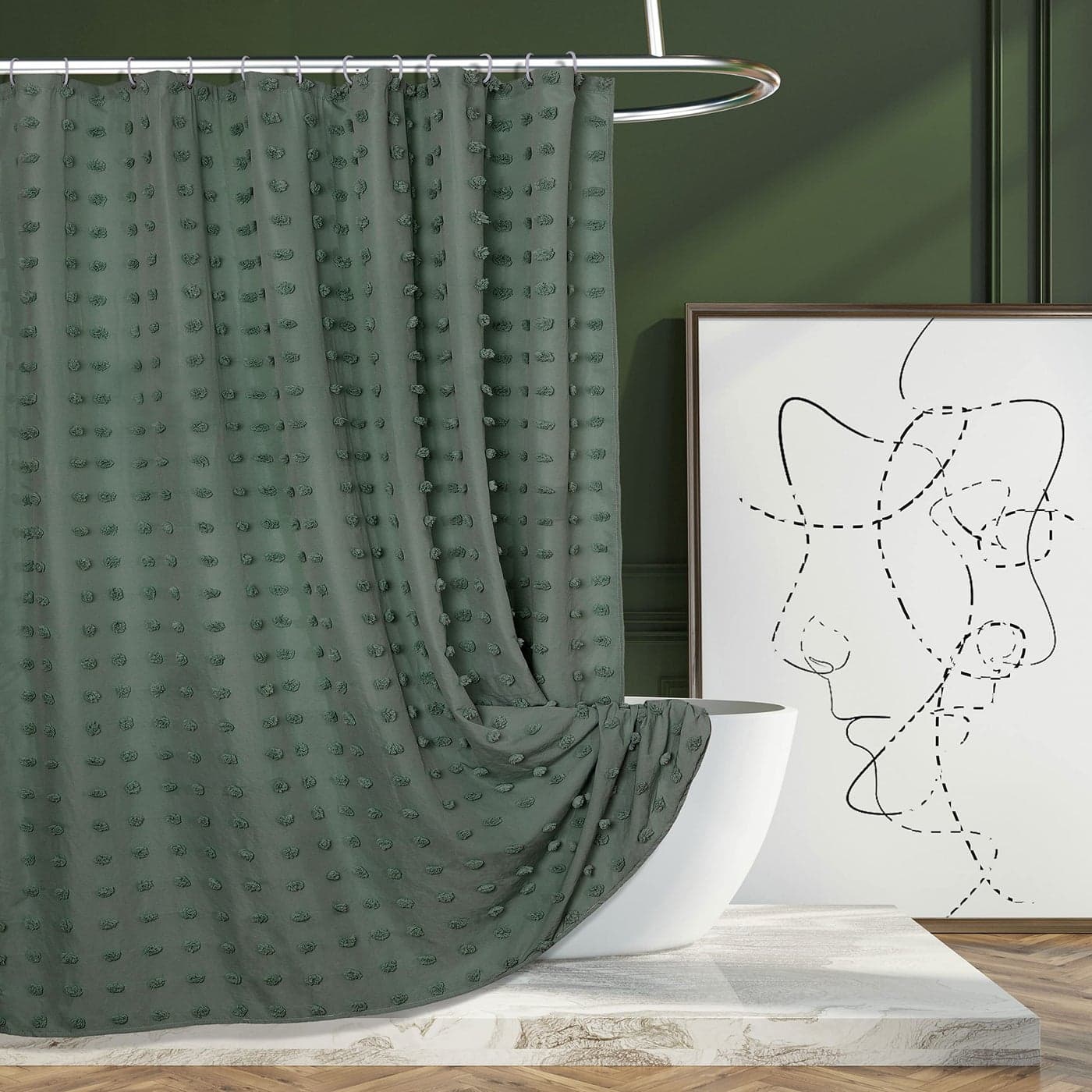 Siiluminisoy Green Boho Shower Curtain Woven Fabric Cute Shower Curtain 72 x 72 Tufted Pleat Floral Puffs Textured Modern Farmhouse Minimalist Shower Curtain Set with Hooks for Bathroom