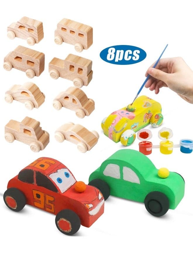 8 Pcs Wooden DIY Cars Unfinished Wood Crafts DIY Craft Wood Kit for Student Family Activities Arts and Crafts Kit for Kids for 3 4 5 Years Old Boys Girls
