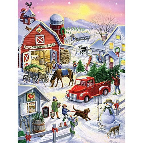 Bits and Pieces 300 Piece Jigsaw Puzzle for Adults Christmas Tree Farm Fun Snow Dog Winter Holiday Country Barn Jigsaw Puzzle by Artist Rose Mary Berlin Completed Puzzle Size 18 x 24