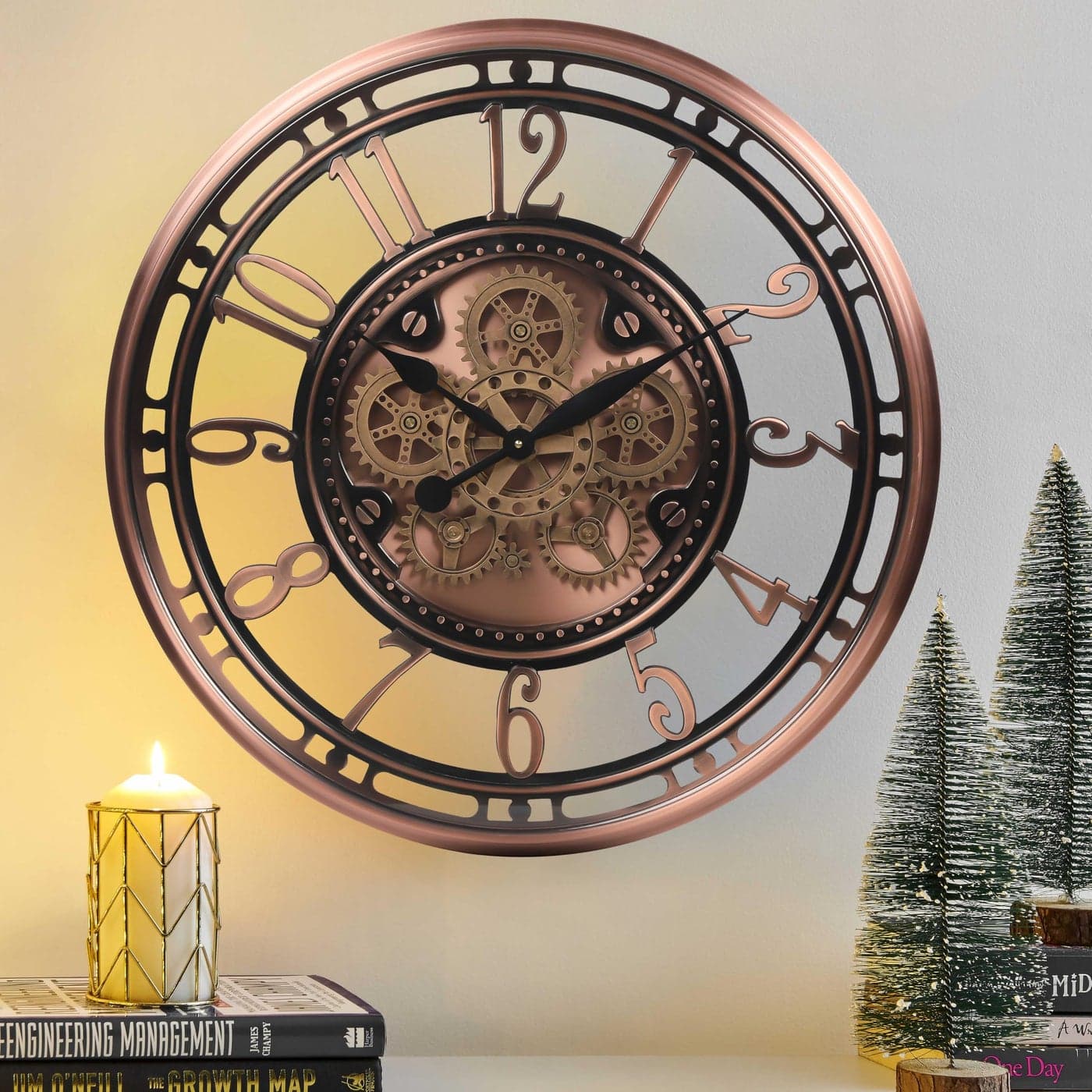 CLXEAST 28 Inch Oversized Large Moving Gear Wall Clock for Living Room DecorModern Farmhouse Decorative Wall Clocks Battery OperatedRose GoldHouse Warming Gifts New Home