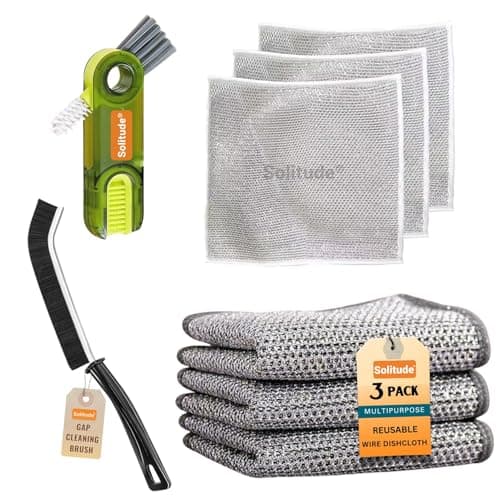 Solitude 5X Combo 3 Non-Scratch Wire Dishcloth, 1 Mini Gap Cleaning Brush & 1 3-in-1 Cup Lid Gap Cleaning Brush, Multipurpose Wire Dishwashing Rag for Wet and Dry, Easy Rinsing, Reusable for Kitchen