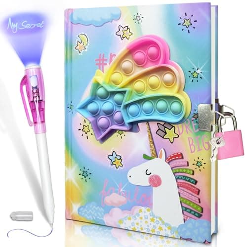 Pop Girls Diary with Lock and Invisible Ink Doubleend Pen 75x54 Inches 160 Lined Pages Fidget Unicorn Girls Journal for Kids Secret Notebook Pen Set Birthday Gifts for Girls 5 6 7 8 9 10 Years Old