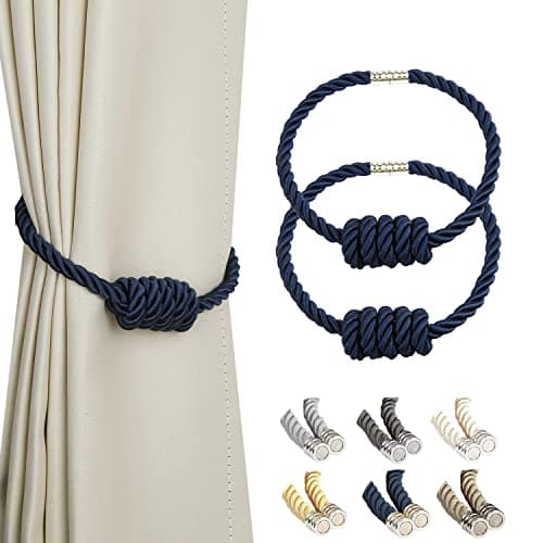 BEL AVENIR Magnetic Curtain Tiebacks, Decorative Drapery Holdbacks Modern Woven Tie-Backs with Exquisite Knot (Navy, 2 Pack)