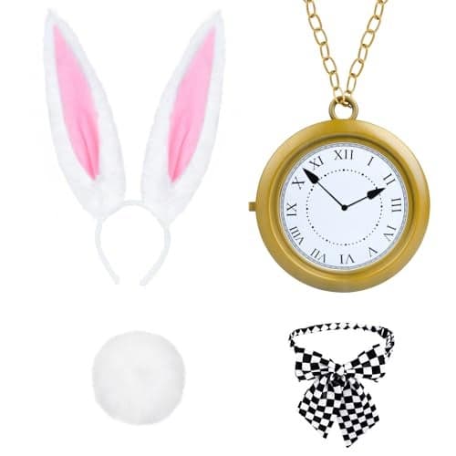 4 PCS White Rabbit Costume AccessoriesBunny Ears Headband and Tail Bow Tie Clock Necklace for Adult Kids Easter Halloween Dress Up
