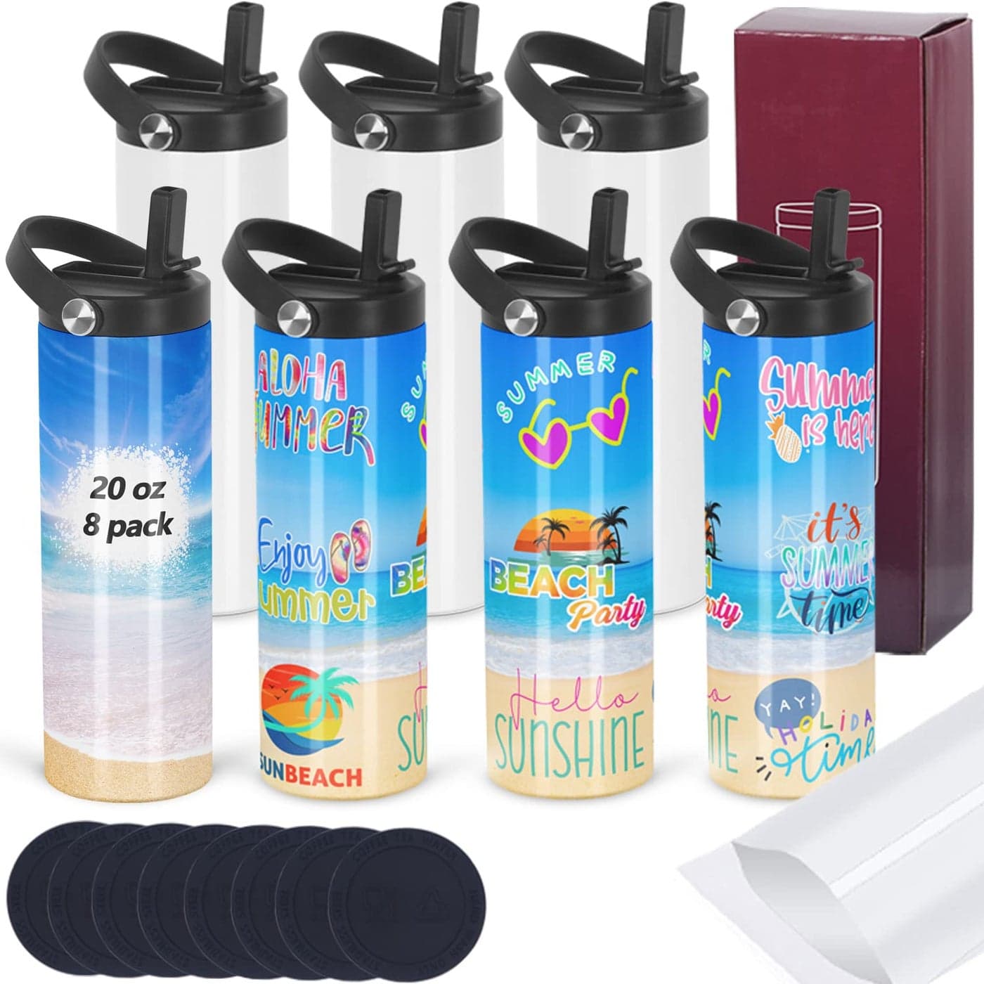 8 Pack Sublimation Tumbler Bulk 20oz Skinny Straight Double Wall Stainless Steel Tumblers with Portable Handle Individually Boxed
