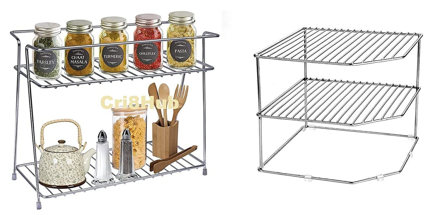 CR18 COLLECTION Heavy Stainless Steel 2Layer Corner Storage Rack and Multipurpose Stainless Steel Kitchen Plate Dish Corner Stand Pack of 2