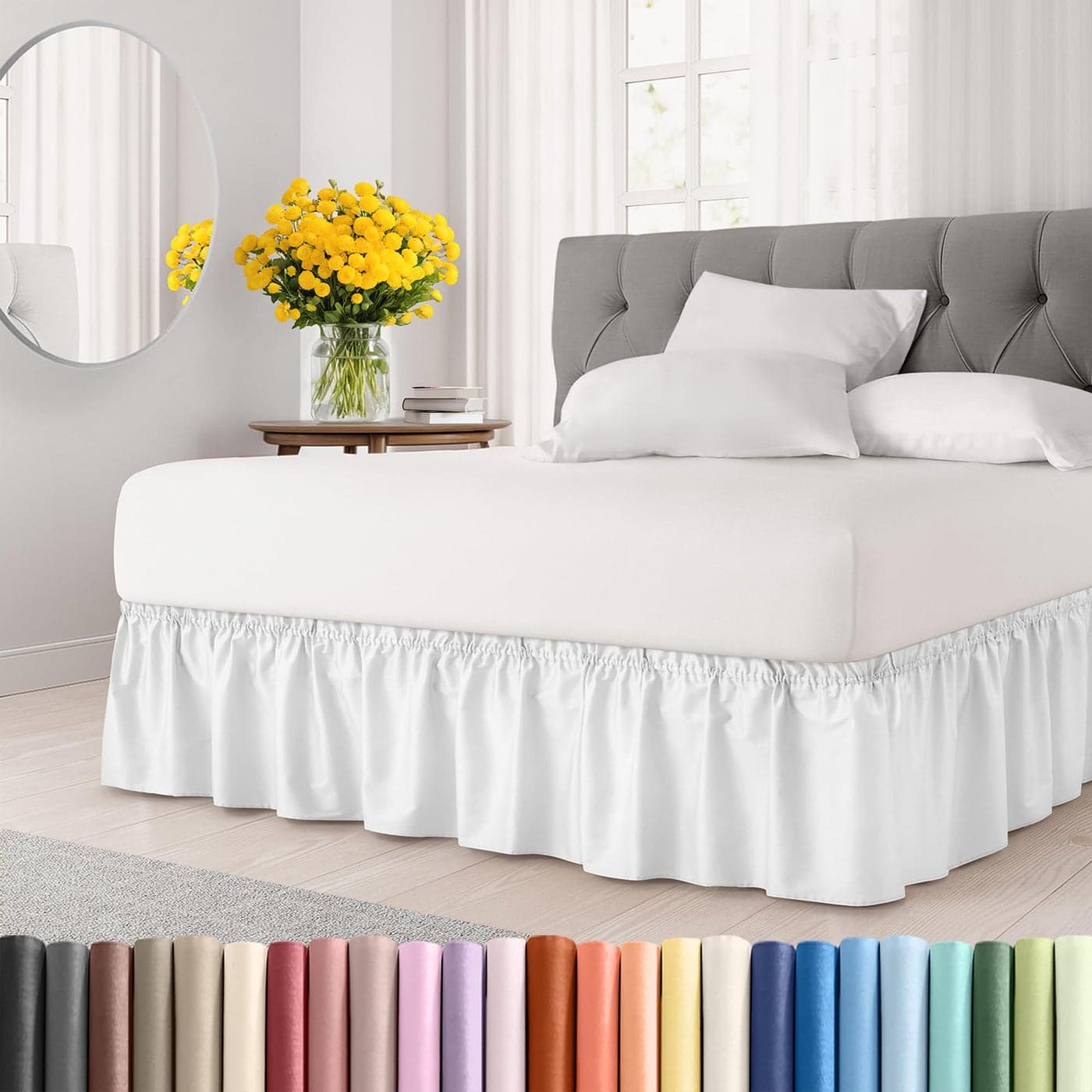 Wrap Around Dust Ruffle Bed Skirt White for Queen Size Beds with 18 Inch Drop Easy Fit Elastic Strap Adjustable Pleated Bedskirt wBrushed Fabric Wrinkle Free for Women Men Kids Teens