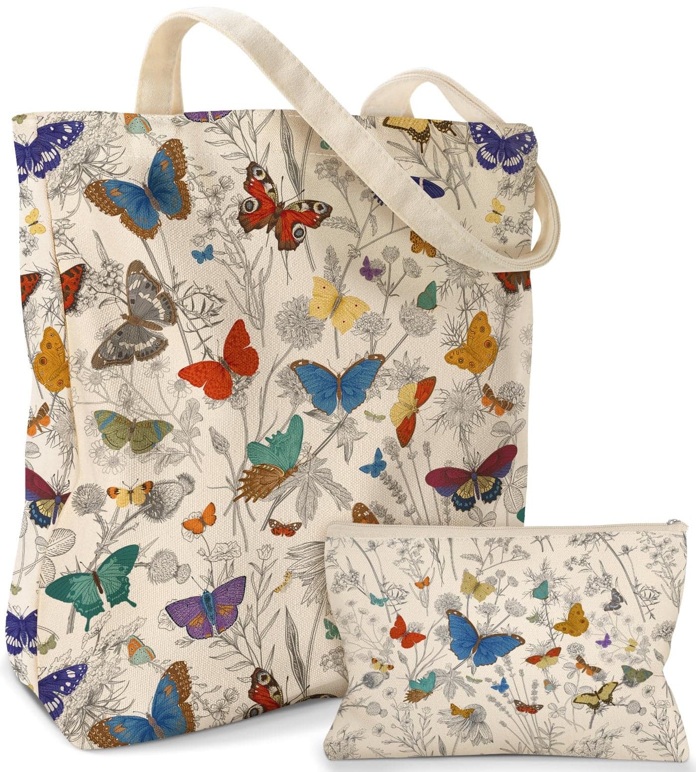 Miss Adola Aesthetic 2 Pack Canvas Tote Bag - with Makeup Pouch Zipper Bag for Women Line Butterfly Reusable Grocery Cotton Cloth Shoulder Bag for Gym, Travel, Work