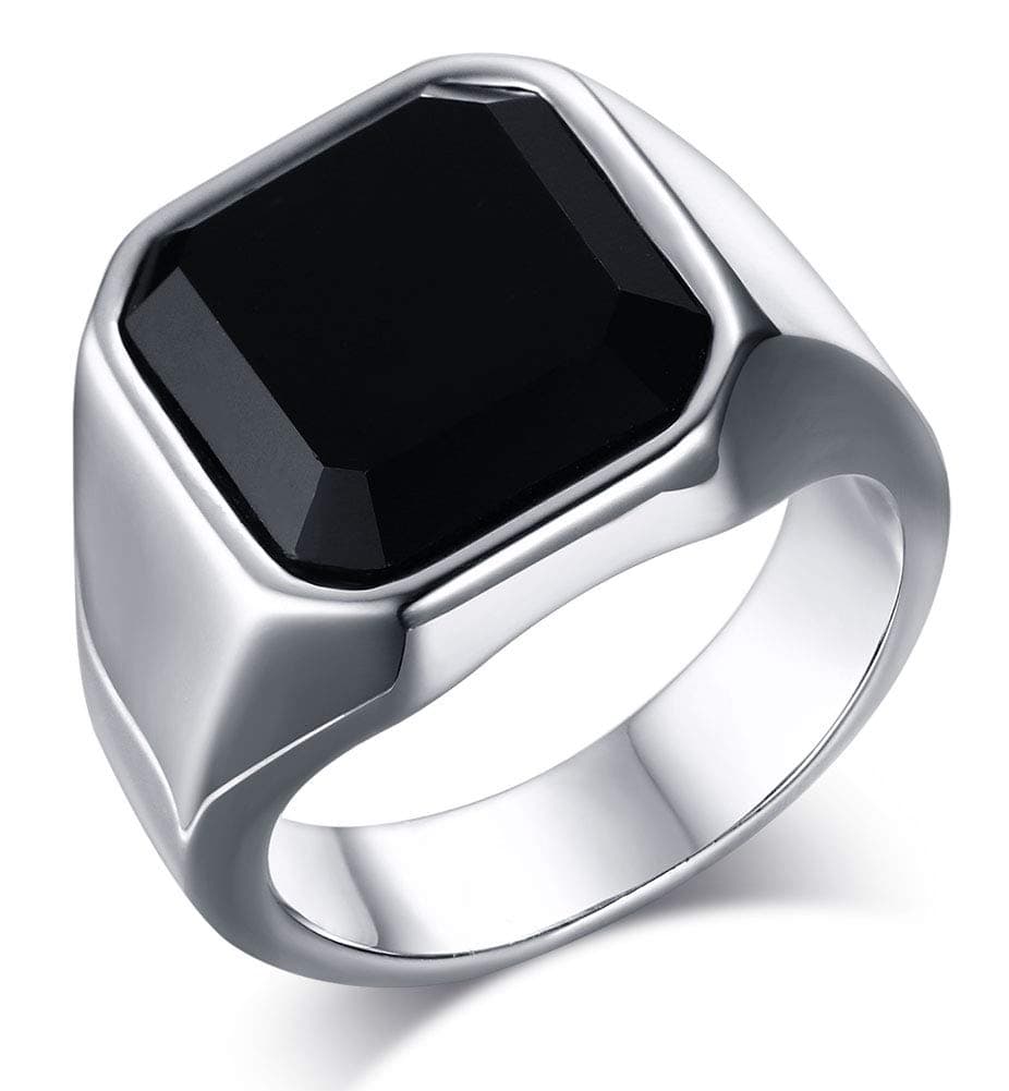 Stainless Steel Ring for Men : Fashion Square Signet Ring with Black Agate for Men, Gemstone Ring for him, Handsome Jewelry Gift for Men size 6