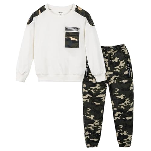 LOLANTA Boys Clothes Casual Camouflage 2 Piece Outfits Kids Long Sleeve Sweatshirt Pants Sets Tracksuit(01#White,6-7)