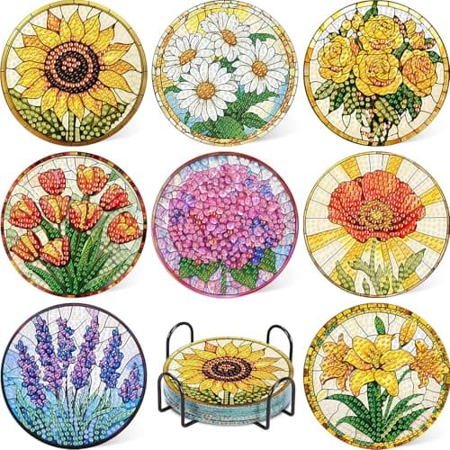 8 Pcs Flower Diamond Art Coasters Kit for Adults, Flowers Diamond Painting Coasters with Holder, 5D Gem Art DIY Crafts Diamond Dots for Gift Life