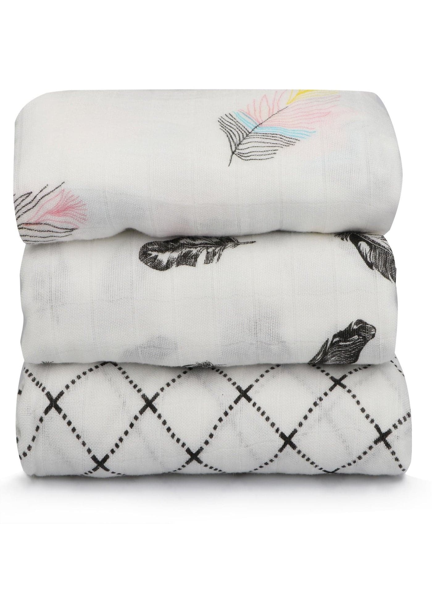 3 Packs Baby Swaddle Blanket New Born Baby Clothes Large Premium Knit Baby Burp Cloth Muslin Baby Blankets for Girls and Boys(Colorful Feather/Small White Lattice/Black Feather)