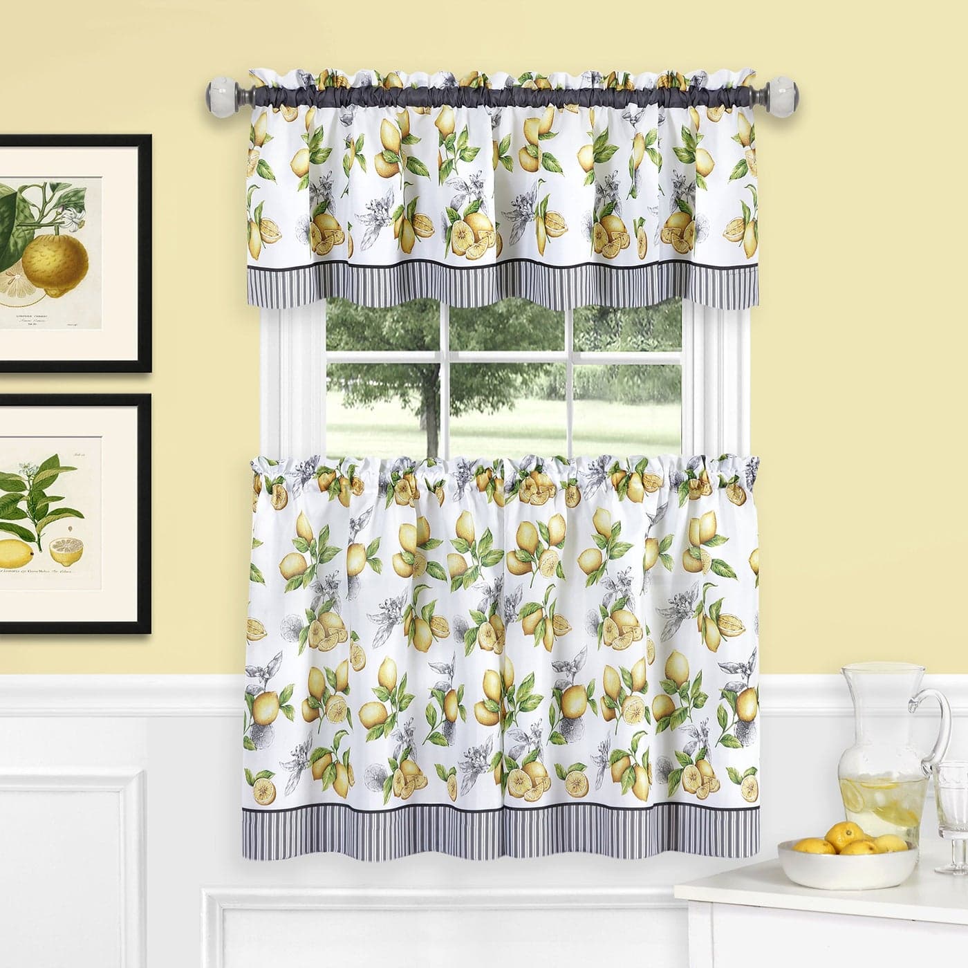 Light Filtering Window Curtain Printed Tier Valance Set 58 Inch Length 24 Inch Width Lemon Drop Yellow Machine Washable Drape for Kitchen Bedroom Living Dining Room by Achim Home Decor
