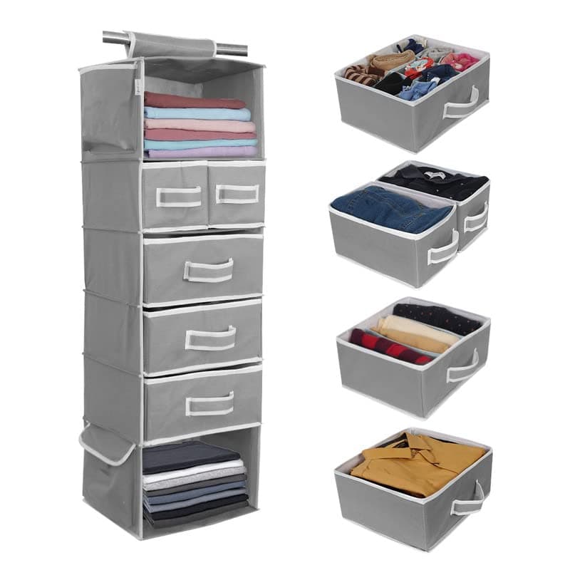 PrettyKrafts 6-Shelf Hanging Closet Organizer with 5 Removable Drawers, 4 Side Pockets & Foldable Design for Wardrobe & Shelf Storage, Gray