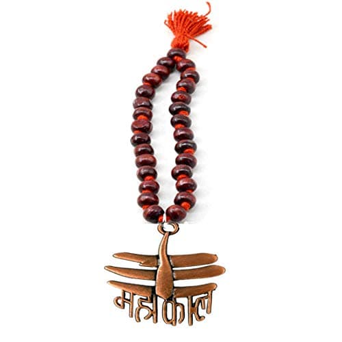 AFH Car Ornament, Rearview Car Mirror Charm, Car Hanging, Copper Jai mahakaal Wooden Chandan Mala Decorative Shpwpeace (Height: 18 CM Width 4 CM)