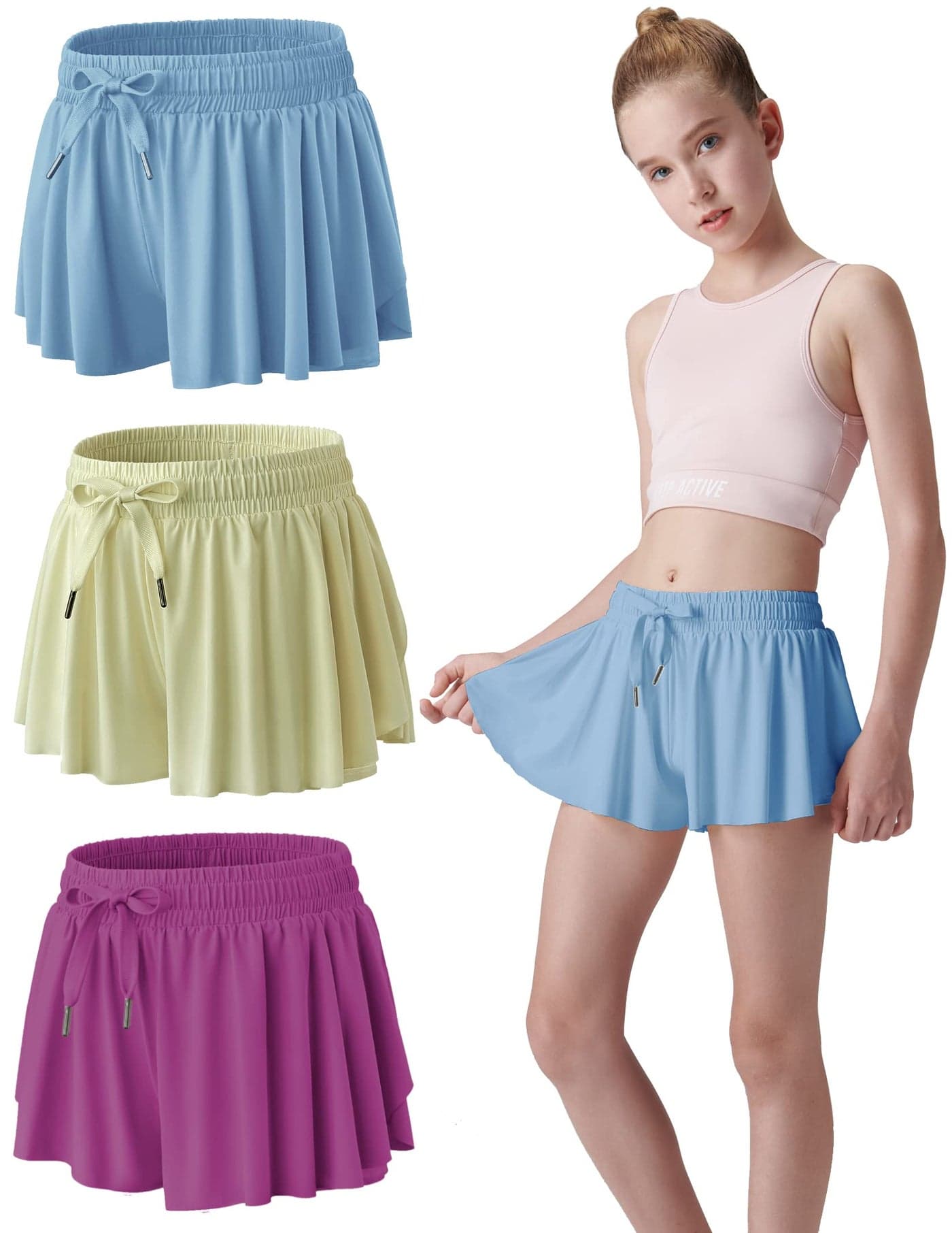 3 Pack Girls Flowy Shorts with Spandex Liner 2in1 Youth Butterfly Skirts for Fitness Running Sports Set 6 Youth Small