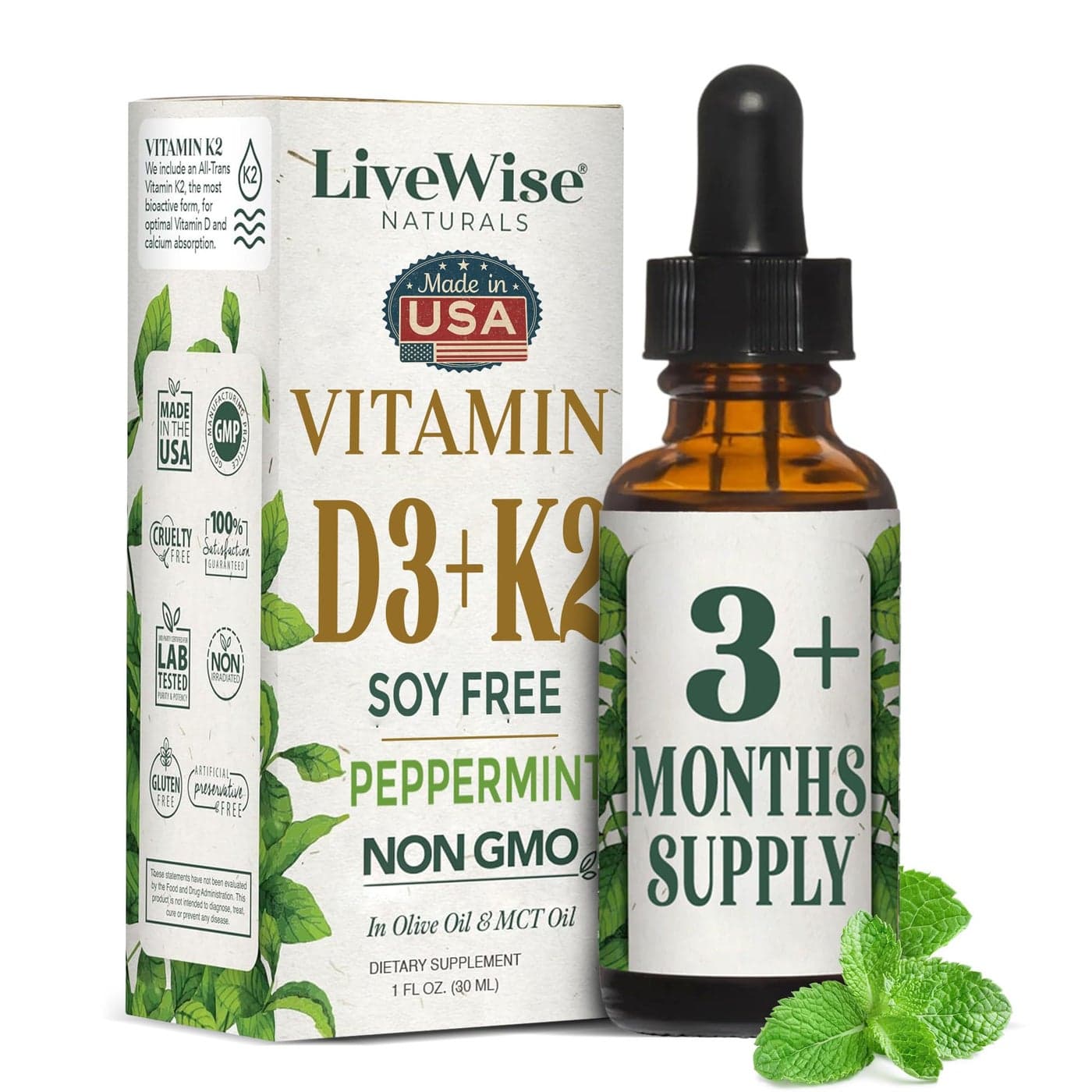 LiveWise Naturals Vitamin D3 with K2 Liquid Drops All Natural NonGMO USA Made 1208 IU Vitamin D3 25 mcg K2 Supports Bone Health and Energy Levels Infused with Peppermint Olive and MCT Oil