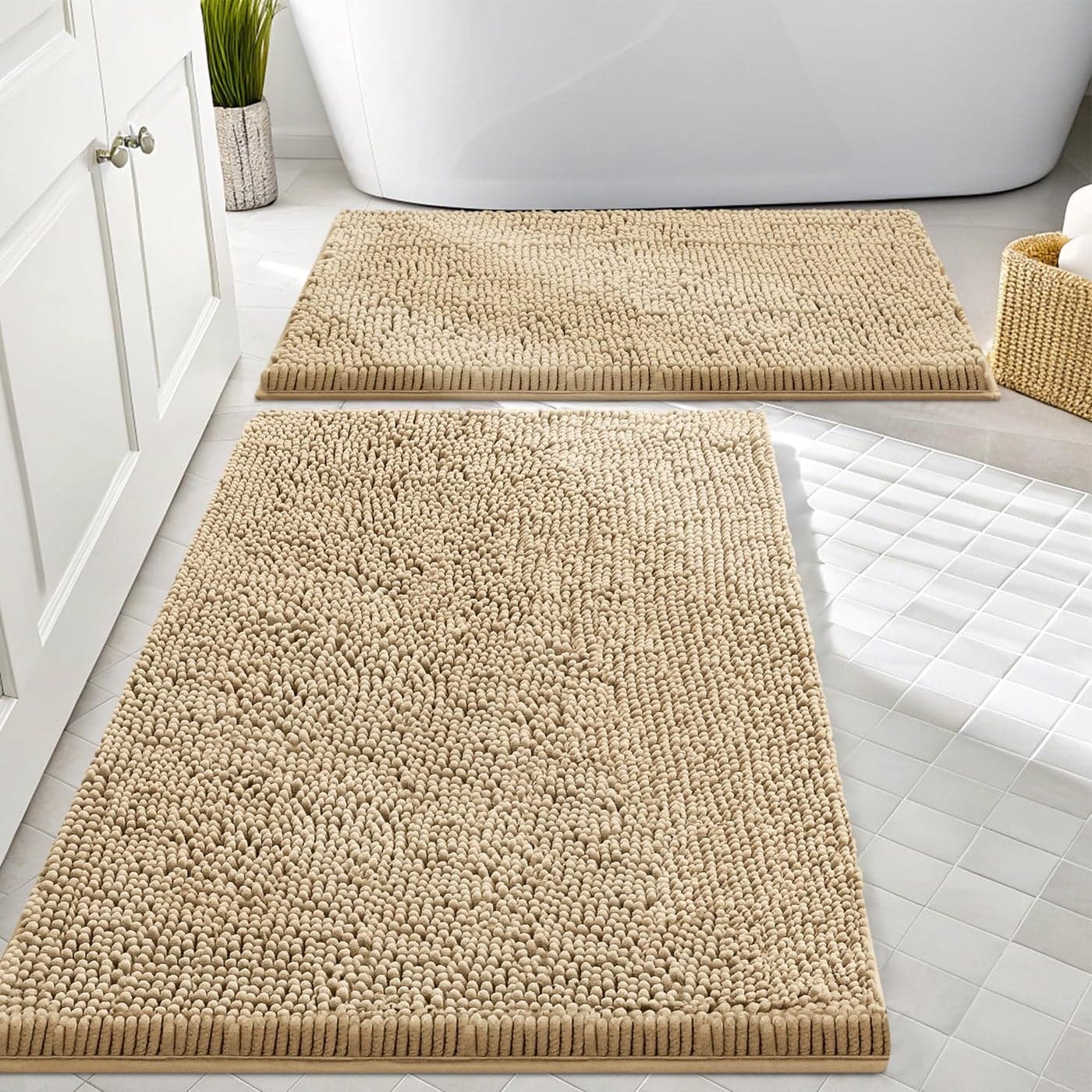 Smiry Bathroom Rugs Sets 2 Piece Soft Absorbent Chenille Machine Washable Non Slip Shaggy Bath Rug Set for Tub Shower and Floor 30x2024x16 Beige