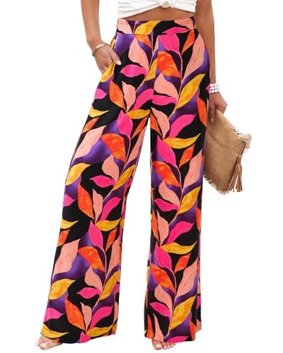 BTFBM Womens Pants 2026 Pockets Boho Printed Elastic Waist Wide Leg Palazzo Pants for Women Work Beach Vacation Clothes(Print Black Multicolor, Medium)