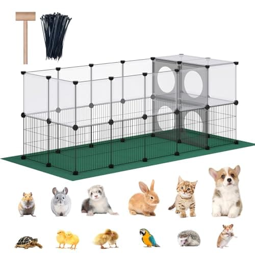 DINMO Small Animal Playpen with Oxford Mat, 24 inches Height, Pet Exercise Fence, Home Protector, Iron Mesh and Plastic Combination, Visualization, DIY, Games Hole Series, 60.2 x 24.8 x 24.8inch