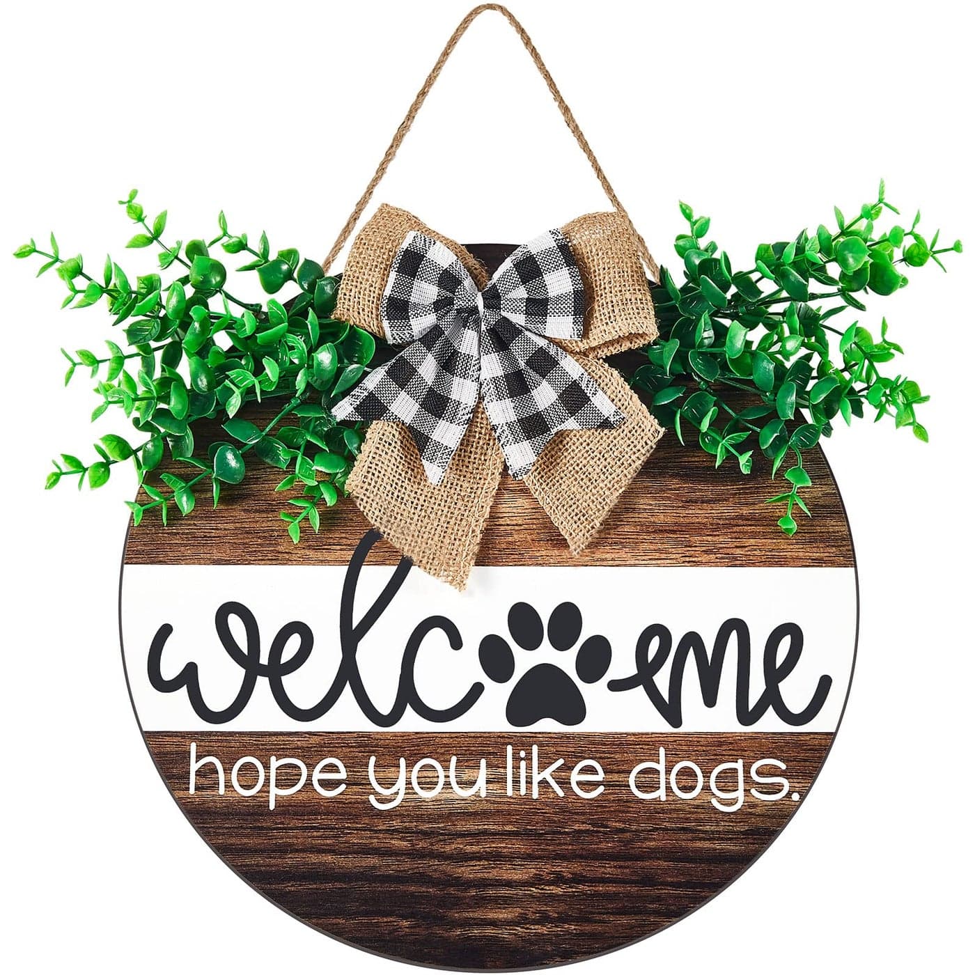 Jetec Dog Welcome Sign Welcome Wreath Sign Hope You Like Dogs for Farmhouse Front Porch Decor Door Hanging with Greenery Gift for Christmas Housewarming Holiday