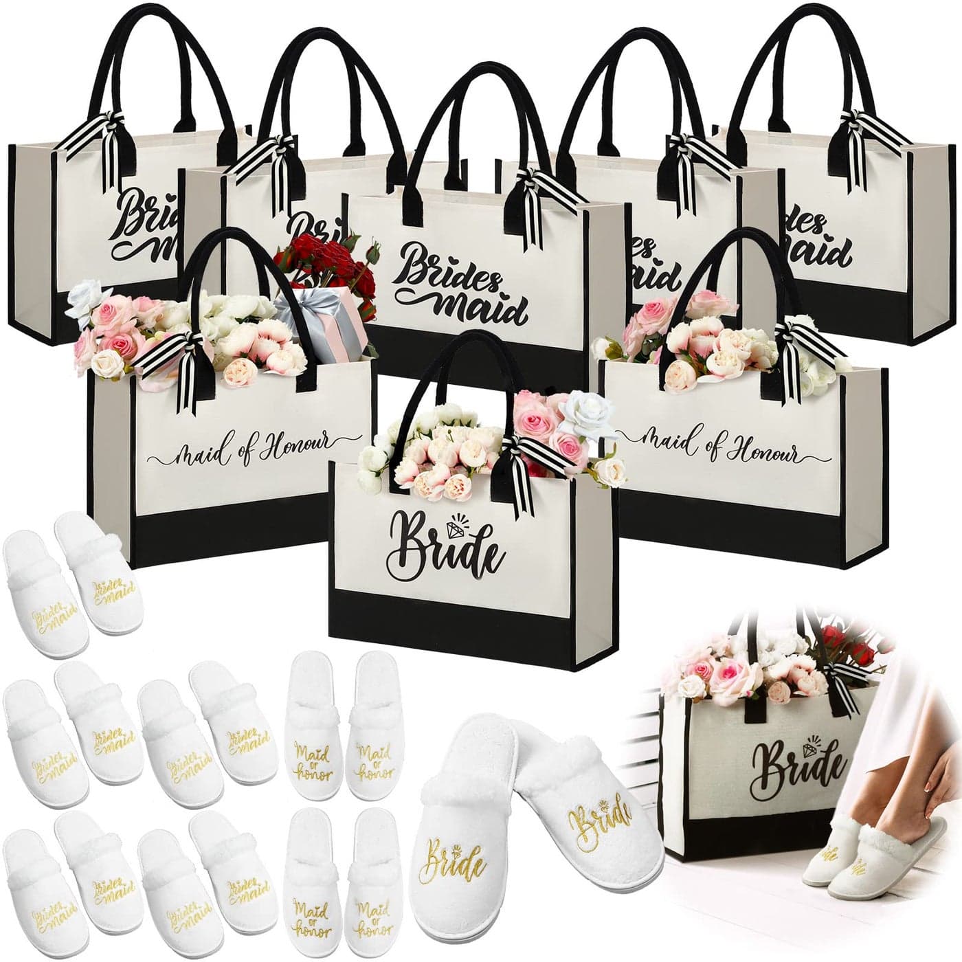 Riyiper 16 Pcs Bridesmaid Gift Tote Bags and Wedding Slippers Will You Be My Bridesmaid Proposal Reusable Makeup Canvas Grocery Bags for Bridal Shower Bachelorette Party Favors