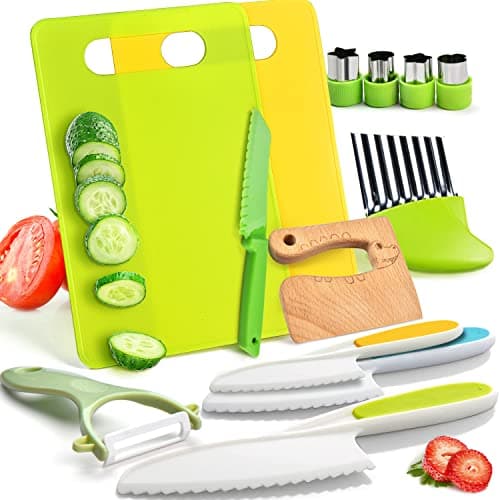 13 Pieces Montessori Kitchen Toys for ToddlersKids Cooking Sets RealToddler Toys Set for Real Cooking with Plastic Children Safe Knives Crinkle Cutter Kids Cutting Board