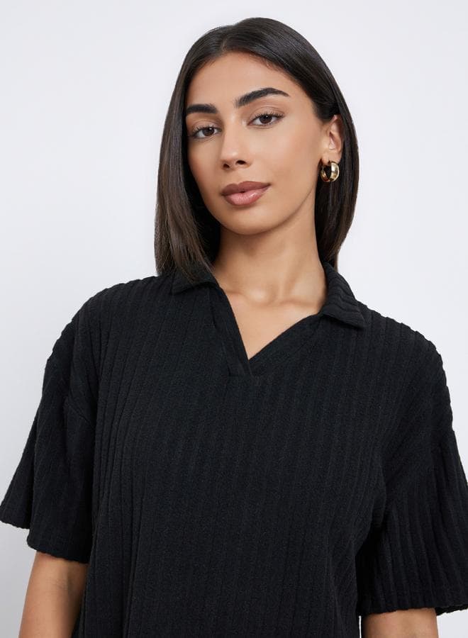 Styli Black Ribbed Collared Oversized Top