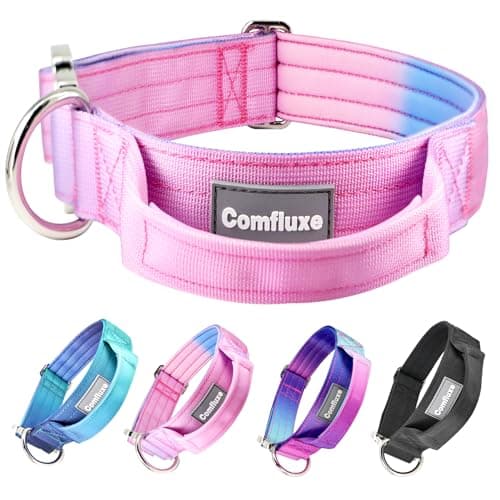 Comfluxe 1.5" Tactical Dog Collar with Handle, Heavy Duty Dog Collar with Metal Buckle for Medium Dogs, Soft Neoprene Padded Lining, Adjustable Gradient Colorful Nylon Collar for Training (Pink, M)