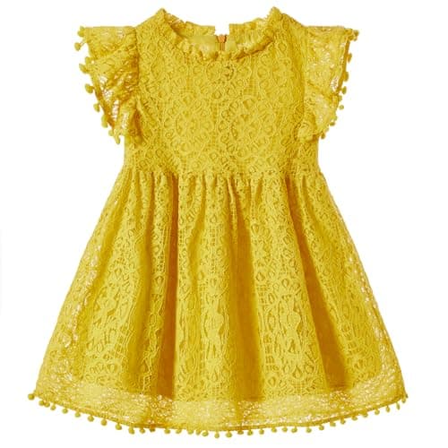 Niyage Toddler Girls Elegant Lace Pom Pom Flutter Sleeve Party Princess Dress Mustard Yellow 110