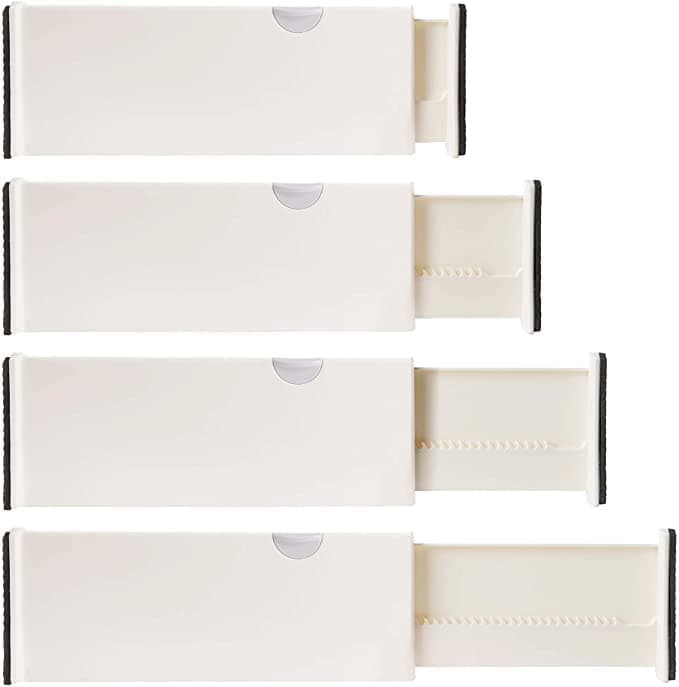 4 Adjustable Drawer Dividers Organize Silverware and Utensils in Home Kitchen Divider for Clothes in Bedroom Dresser Designed to Not Snag Underwear and Bra Fabrics Bathroom Storage Organizers
