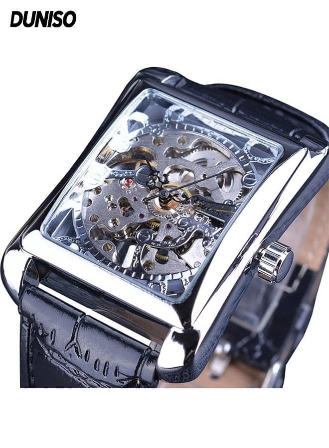 Men's Manual mechanical watch,Rectangle Hollow Skeleton with Large Dial Genuine Leather Strap,Stainless Steel Wristwatch with Carving Flower Craft