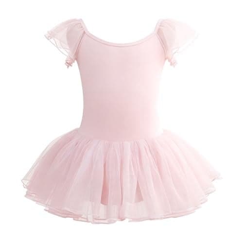 Mecceos Ballet Leotards for Girls - Toddler Flutter Wing Sleeve Tutu Skirted Ballerina Dance Dress(10-12Y,Ballet Pink)
